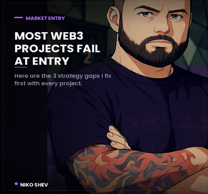 An illustrated graphic featuring a bearded man with tattooed arms crossed, with text reading "MARKET ENTRY", "MOST WEB3 PROJECTS FAIL AT ENTRY", and "Here are the 3 strategy gaps I fix first with every project. — NIKO SHEV"