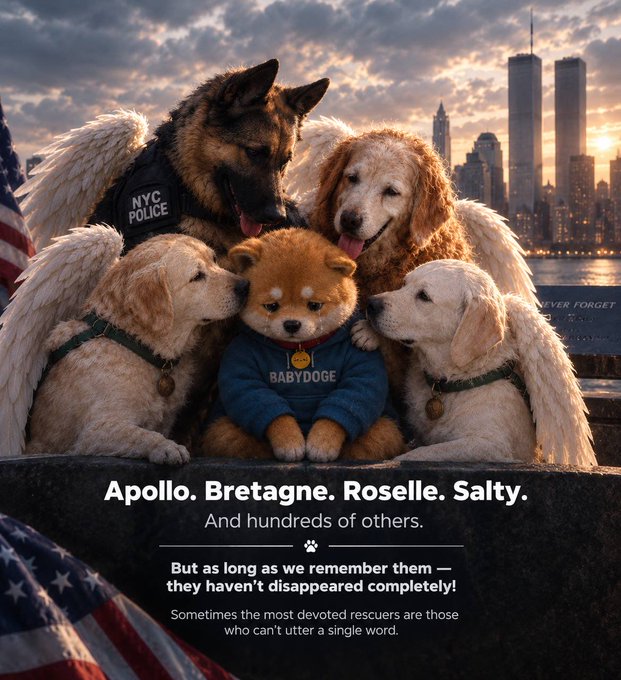 A poignant memorial image shows four dogs with angel wings—Apollo wearing an "NYC POLICE" vest and another wearing a "BABYDOGE" hoodie—gathered with a small puppy against the New York skyline at sunset, with the text "Apollo. Bretagne. Roselle. Salty. And hundreds of others. But as long as we remember them — they haven't disappeared completely! Sometimes the most devoted rescuers are those who can't utter a single word."

The image serves as a tribute to the search and rescue dogs of September 11, honoring their service at Ground Zero and connecting to the accompanying message about their unwavering loyalty and sacrifice.