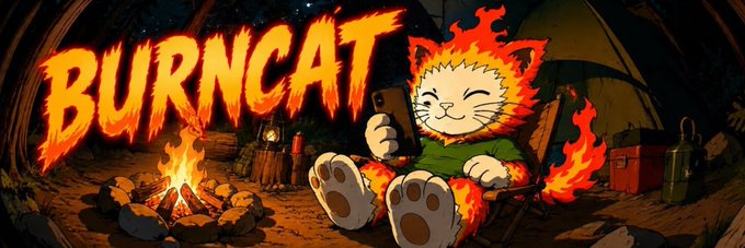 The image features the text "BURNCAT" in fiery orange letters next to a cartoon cat character with flames for fur, relaxing by a campfire with a phone. This matches the announcement, serving as the new community banner image for the $BURNCAT token on Moby, capturing the token's fiery branding and playful mascot aesthetic.