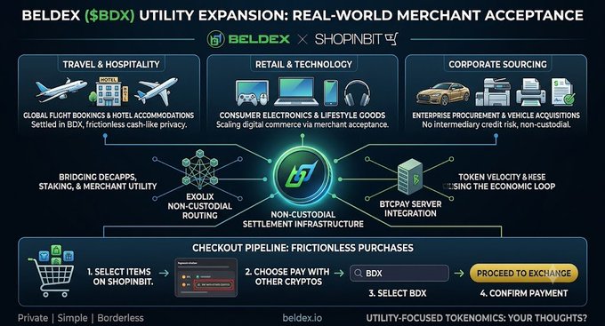 An infographic titled 'BELDEX ($BDX) UTILITY EXPANSION: REAL-WORLD MERCHANT ACCEPTANCE' shows a partnership between Beldex and Shopinbit, detailing use cases in travel, retail, and corporate sourcing, along with a checkout pipeline and references to BTCPay Server and Exolix.