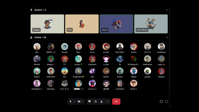 The image shows a Discord server interface displaying "Speakers - 4" at the top, featuring four usernames: "l asian," "KIM," "Smurf," and "LAZY NINJA," with a larger "Publish - 38" section below showing a grid of community member avatars, likely capturing the AMA session hosted by @V3LCOR3 with the featured speakers highlighted.