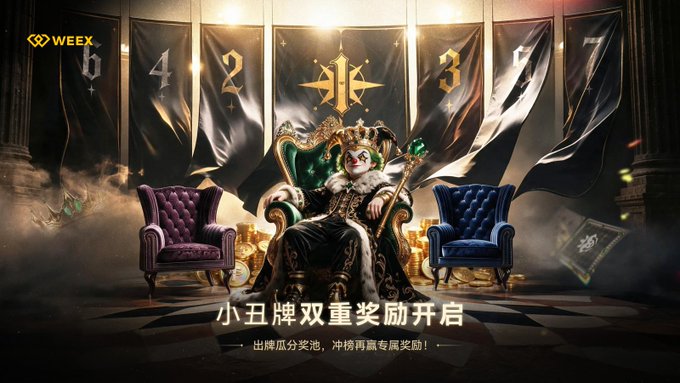WEEX promotional image showing a king character on a throne with banners displaying numbers 6, 4, 2, and 3, with Chinese text about joker card dual rewards.