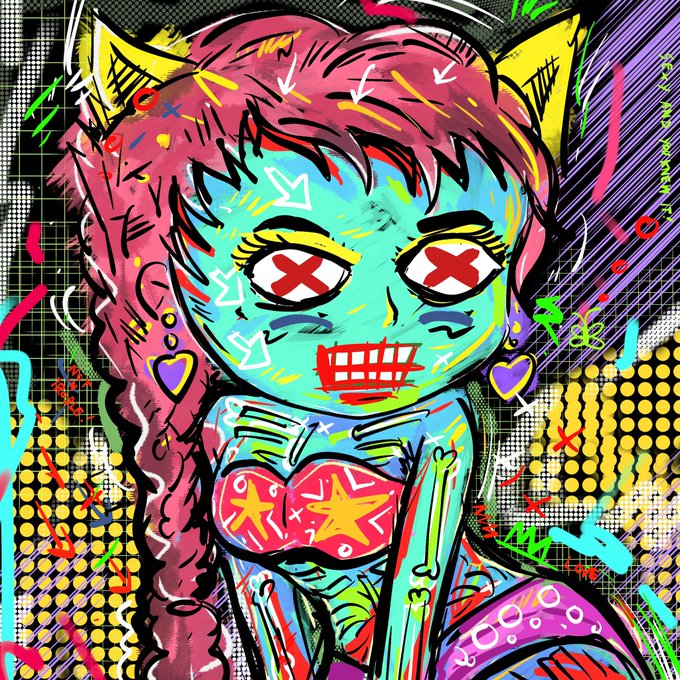A vibrant pop-art/grunge style illustration of a stylized female character with teal skin, pink hair, and yellow cat ears, featuring X-shaped eyes, a stitched grin, and a star-patterned bikini top against a chaotic background of arrows, halftone dots, and graffiti.