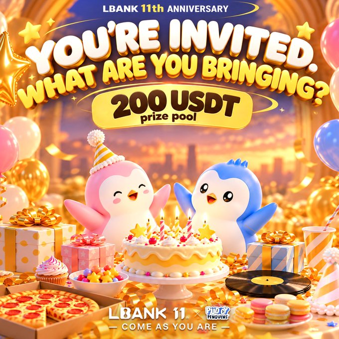 A festive LBANK 11th Anniversary promotional graphic reads, “YOU’RE INVITED. WHAT ARE YOU BRINGING? 200 USDT prize pool,” featuring two cute penguin mascots, a birthday cake, gifts, balloons, pizza, and party decorations. It supports the post’s invitation for users to answer in the comments, with rewards for top traders and creative commenters from October 19–25.