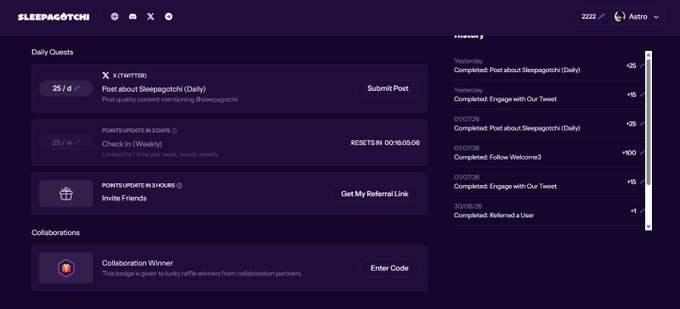A screenshot of the Sleepagotchi web dashboard with a dark purple theme showing 'Daily Quests' including 'Post about Sleepagotchi (Daily)' on X/Twitter, 'Check In (Weekly)' on the Points Updates page, 'Invite Friends' referral task, and a 'Collaborations' section with 'Collaboration Winner' badge, plus a History panel on the right showing completed quests with point rewards.