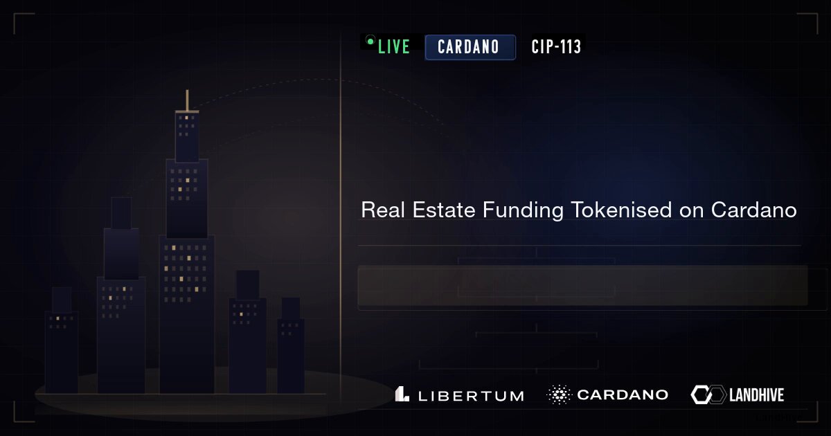 The image shows a post announcing that a real estate project called Madrid Puerta Angel Development has been tokenised on Cardano, with the developer offering investors a 12% APY on their token for a $500K asset. The asset is expected to close in 31 months and have an expected ROI of 54%.
