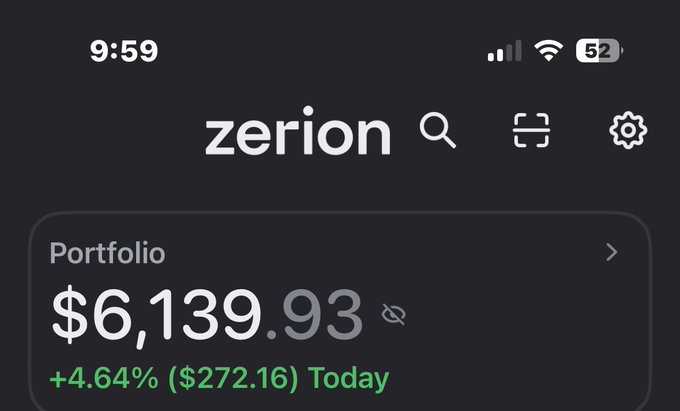 The image shows the Zerion crypto portfolio app displaying a balance of $6,139.93, up 4.64% (+$272.16) for the day, which illustrates the poster's claim of waking up to over 6k in their portfolio. The "chill" mention likely refers to the Chill Retard (RETD) or similar meme token referenced alongside the shoutout to @biltechie.