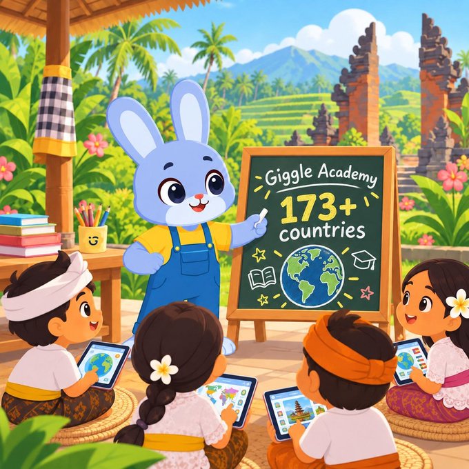 An animated illustration of a blue bunny teacher pointing at a chalkboard reading 'Giggle Academy 173+ countries' while children with tablets sit in a tropical Balinese setting.