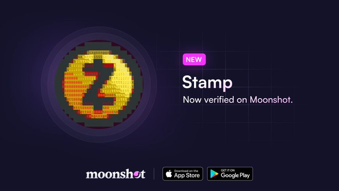A promotional graphic for Moonshot features a pixelated golden coin displaying the number "2" alongside text reading "NEW Stamp - Now verified on Moonshot," with the Moonshot logo and App Store/Google Play download buttons at the bottom. The image visually reinforces the post's announcement that $Stamp (Zcash Shielded Assets) is now verified on the Moonshot platform.