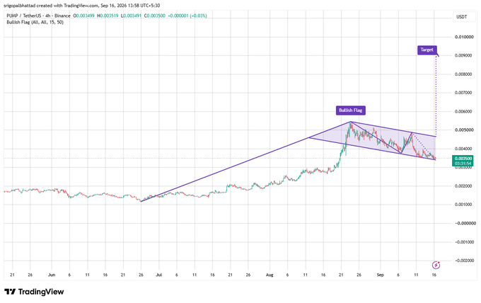 TradingView chart for PUMP/USDT on Binance showing a 'Bullish Flag' pattern with a target marked, displaying price action and technical analysis annotations.