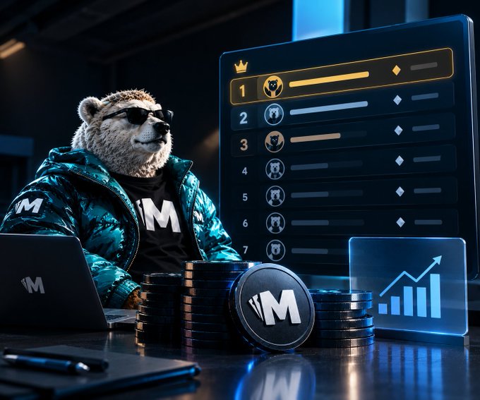 An anthropomorphic bear in sunglasses and a teal jacket sits at a desk with an "M" token coin, next to a leaderboard showing rank 1 highlighted in gold.