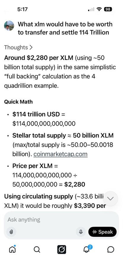 The image shows a screenshot of a social media app with a message posted by someone about the current value of XLM trading. The post claims that the currency will not settle for XLM, let alone exchange for $XLM, which amounts to $114 trillion. The person's response suggests they are being realistic about this situation and acknowledging it as absurd, implying an awareness of the limitations of trading in XLM compared to other stable assets like Bitcoin or ether.