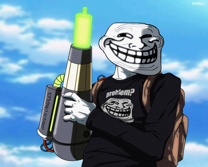 An anime-style illustration of the trollface meme character holding a large weapon labeled 'GREEN CANDLES,' wearing a black shirt that reads 'problem?' with the trollface logo.
