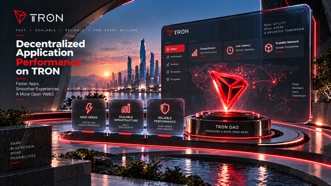 TRON blockchain promotional graphic highlighting 'Decentralized Application Performance on TRON' with features like high speed and scalable infrastructure.