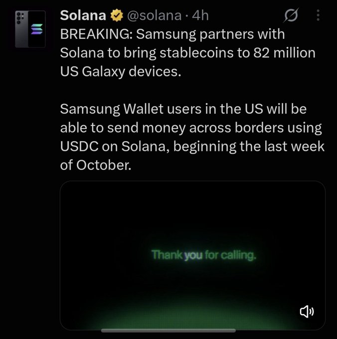 A tweet from @solana announces a partnership with Samsung to bring USDC stablecoins to 82 million US Galaxy devices via Samsung Wallet.