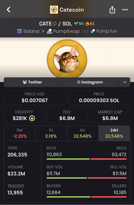 A cryptocurrency information screen for 'Catecoin' (CATE/SOL) showing a price of $0.007067, market cap of $6.8M, 24H change of 22,548%, and 206,335 transactions on Solana via PumpSwap and Pump.fun.