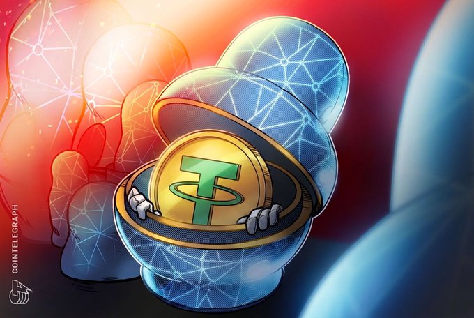 A Cointelegraph illustration of a blue hooded character peeking out of a pod with a gold Tether (USDT) coin in front of it.
