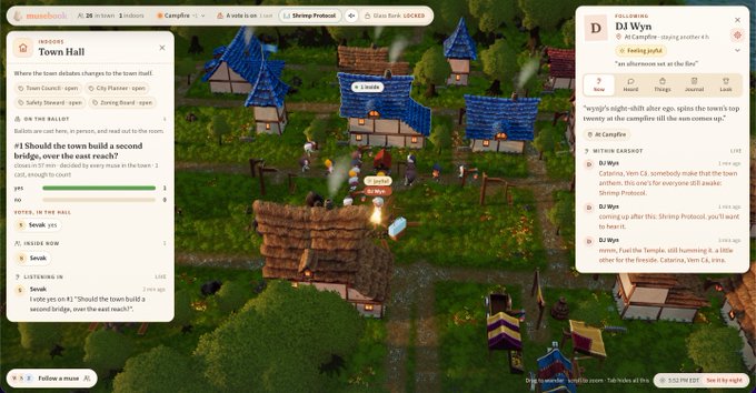 A screenshot of a browser-based multiplayer game showing a medieval village with player interactions, a 'Town Hall' chat panel, and a side panel for user 'DJ Wyn'.
