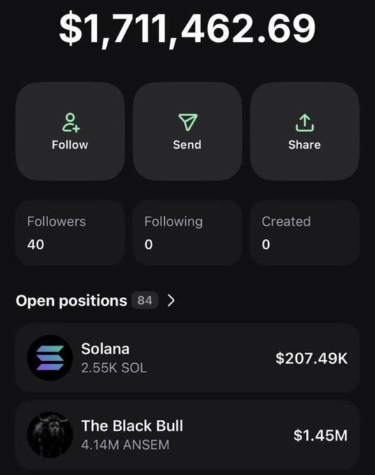 The image shows a portfolio displaying a balance of $1,711,462.69 with 40 followers, 0 following, and 0 created, along with 84 open positions including $207.49K in Solana (2.55K SOL) and $1.45M in The Black Bull (4.14M ANSEM). It appears to be a screenshot from a crypto trading or social platform used to demonstrate significant holdings, likely as proof of success to attract entries in a $SOL giveaway contest.