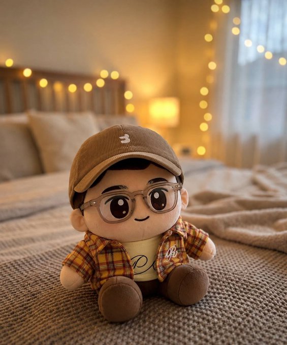 A plush toy figure wearing a brown cap, glasses, and a plaid shirt sits on a bed with string lights in the background.
