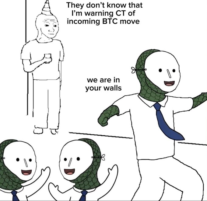 A crudely drawn meme shows a "NPC Wojak" character with a party hat standing unaware while "Soyjak" figures with fishnet-covered heads (a "Chad" Soyjak) creep up behind him, captioned "we are in your walls." The accompanying post uses this imagery to depict how Bitcoin traders are caught off guard by rapid-fire market-moving narratives—ETF flows, Saylor announcements, and TradFi activity—emerging chaotically around them, with "schizo" volatility intruding on every few minutes.