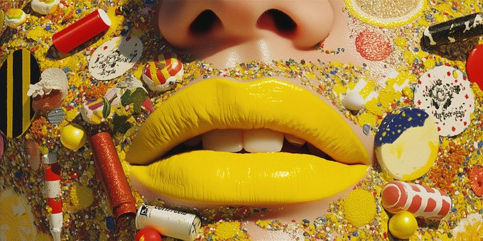 Vibrant lips painted in glossy yellow surrounded by a chaotic explosion of candy, confetti, and assorted debris, embodying the bold and saturated "Yellow Spirit" aesthetic of the objkt.com/collections/KT collection priced at 4.14 xtz.
