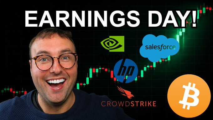 A thumbnail featuring a smiling man with glasses alongside the text 'EARNINGS DAY!' and logos for NVIDIA, salesforce, HP, CrowdStrike, and Bitcoin.