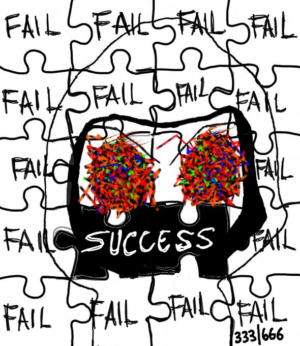 Illustration of a face with glasses filled with colorful scribbles, surrounded by puzzle pieces labeled 'FAIL' and a mouth labeled 'SUCCESS'.