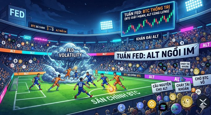 A vibrant digital illustration of a football/soccer stadium themed around cryptocurrency and financial markets, featuring 'FED VOLATILITY' text, BTC candlestick charts, and players on the field with Vietnamese text including 'TUẦN FED: ALT NGỒI IM' and 'SÂN CHINH: BTC'.