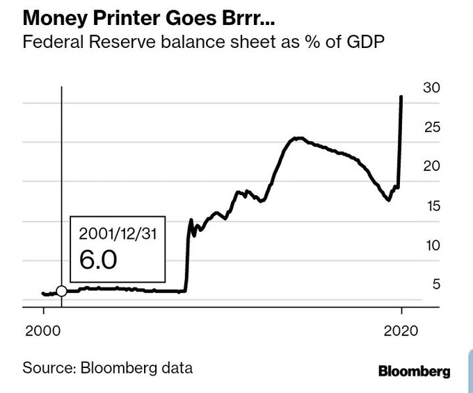 A Bloomberg chart titled 'Money Printer Goes Brrr...' showing the Federal Reserve balance sheet as % of GDP, rising from 6.0 in 2001 to nearly 30 by 2020, sourced from Bloomberg data.