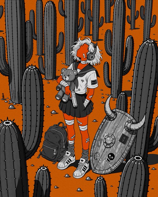 A horned, red-skinned schoolgirl with bandaged arms clutches a worn teddy bear in a surreal orange desert of towering saguaro cacti, flanked by a black backpack and a horned shield stamped with "255" and "18." The scene evokes the "Before the Next Scar" NFT drop on Objkt, its haunting stillness and palette of rust and graphite mirroring the "long pause" described in the post.