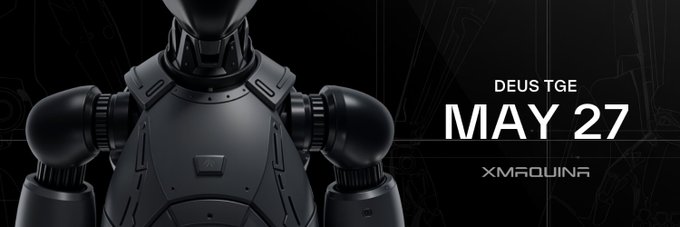 The image features a robot with a human-like appearance standing against a black background. The text "DEUS TGE" can be seen, which suggests that this might be related to an event or promotion by Deus TGE. The date "May 27, 2026" is also present in the image. The post mentions that the humanoid age has begun and one of the milestones reached is almost here: exposure to private humanoid robotics innovation through @xmaquina Robotics. This implies that the robot depicted in the image could be a part of this innovation or promotion by Deus TGE, possibly related to the XMARQUIN brand.