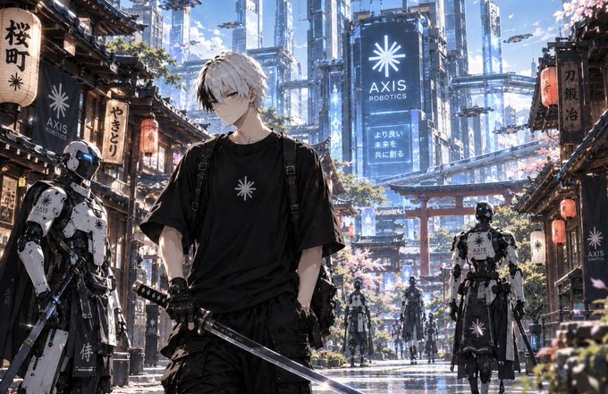 An anime-style illustration of a silver-haired character wearing an AXIS Robotics branded t-shirt, holding a sword in a futuristic Japanese cityscape with robots and traditional torii gates, with banners featuring Japanese text and the AXIS Robotics logo.