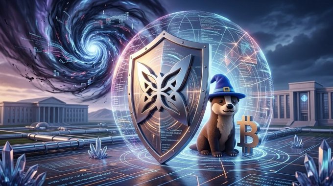 The image features a cartoon depiction of a small brown bear wearing a blue hat with a shield design around its neck. The bear is standing next to a large shield that has a crescent moon symbol on it, surrounded by crystals. In the background, there are buildings and a spaceship, suggesting an alternate universe or futuristic setting. The caption at the bottom of the image reads "Good afternoon Quip family Crypto moves fast. Quip But quantum computing is moving even faster. That's why I'm keeping an eye on @quipnetwork From wallets to institutions, post quantum".