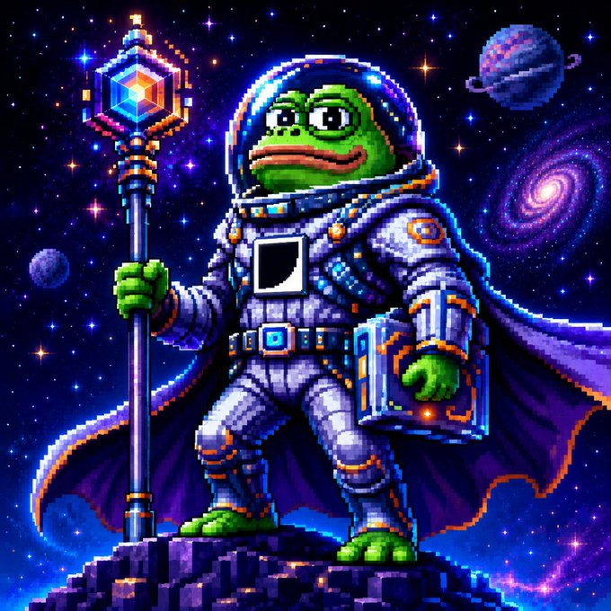 A pixel art illustration shows Pepe the Frog dressed as an astronaut, wearing a spacesuit and cape while holding a glowing staff, standing on a rocky platform against a cosmic backdrop of stars, planets, and a spiral galaxy. The image visualizes the "SPACEPEPE" ($SPEPE) token launch narrative, depicting the meme mascot as a heroic spacefarer embarking on a "spacefaring adventure" in crypto lore, with the contract address 0x66769C7dEB8B5638039c427c014cbE06b6434811 visible in the post.