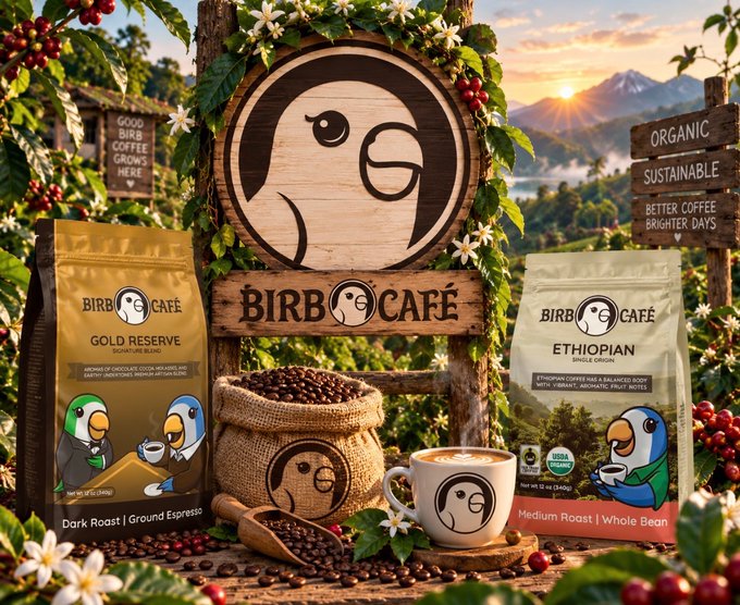 Promotional image for 'Birb Café' featuring a wooden logo sign flanked by Gold Reserve and Ethiopian coffee bags with cartoon bird illustrations, set against a mountainous landscape.