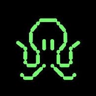 A pixel-art style green skull icon with headphones against a black background.