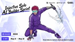 The image features a cartoon character dressed in purple clothing holding a sword while crouching down. The background of the image shows a cityscape, indicating that the scene takes place in an urban environment. The text "INJPILOT" is written on the image, which suggests that this is related to an Injective game or platform. The post also mentions that there are links available for the Injective ecosystem and provides information about the character's abilities and how they can be used within the game.