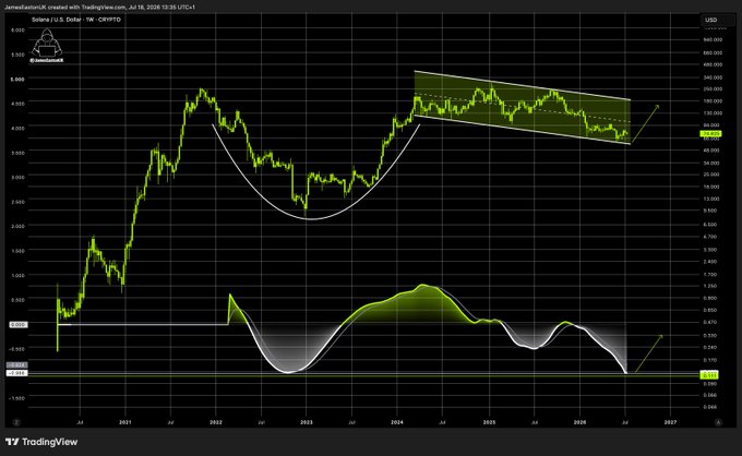 A TradingView chart of Solana (SOL/USD) on the weekly timeframe shows the cryptocurrency in a descending channel pattern, with the price recently bouncing near the lower boundary around $80-90, accompanied by a momentum oscillator at the bottom suggesting a potential reversal point. The technical setup visually reinforces the post's bullish thesis, indicating that SOL may be quietly accumulating before a breakout toward $100 and beyond toward $1,000.