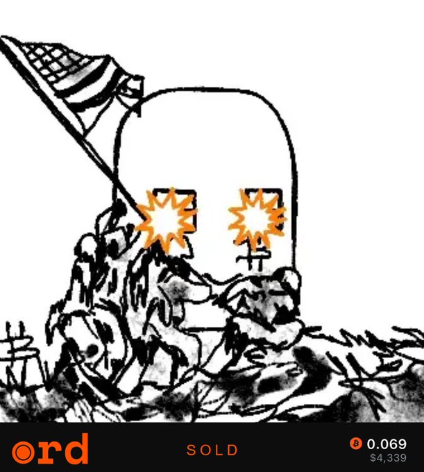 A black-and-white sketch of a tombstone-shaped figure with orange explosion-like eyes, holding an American flag, with 'ord' logo, 'SOLD' status, and price '0.069 / $4,339' shown.