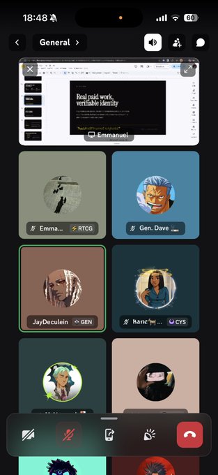 A screenshot of a group video call on a mobile device with various participants' avatars and usernames visible, including Emma, Gen. Dave, JayDeculein, and kane, displaying a presentation titled 'Real paid work, verifiable identity'.