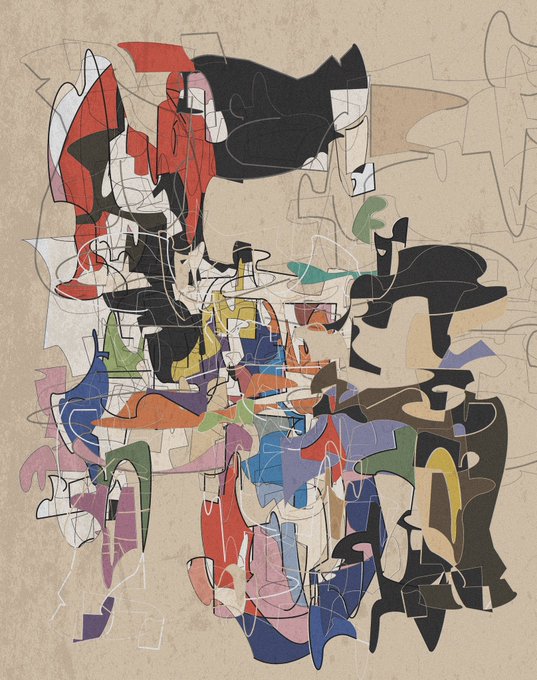 A vibrant abstract artwork featuring a chaotic composition of layered, interlocking shapes in bold reds, blacks, blues, greens, and yellows against a neutral beige background, with curving lines weaving throughout. The piece, titled "Interstitial," reflects the fragmented, digital nature of the NFT sold on Transient Labs for 0.009 ETH.