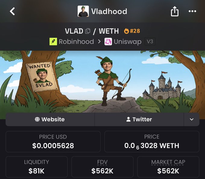 A screenshot of a meme crypto token "VLAD" (Vladhood) priced at $0.0005628 with only $81K liquidity and a $562K market cap. The image highlights the token's poor performance and low value, reinforcing the poster's complaint about being scammed by a hyped project that failed to deliver the promised returns.