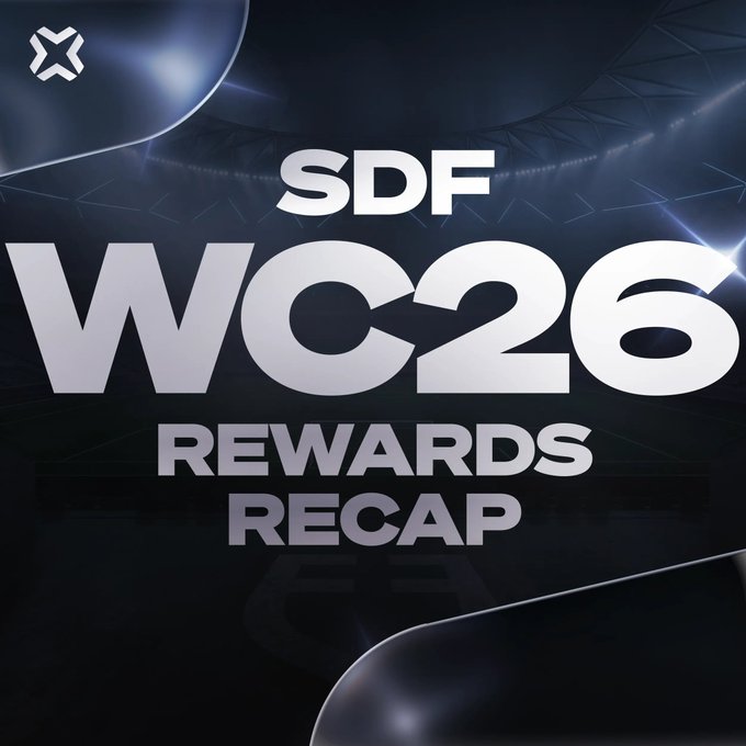 A dark promotional graphic with 'SDF WC26 REWARDS RECAP' in bold silver text over a stadium backdrop.