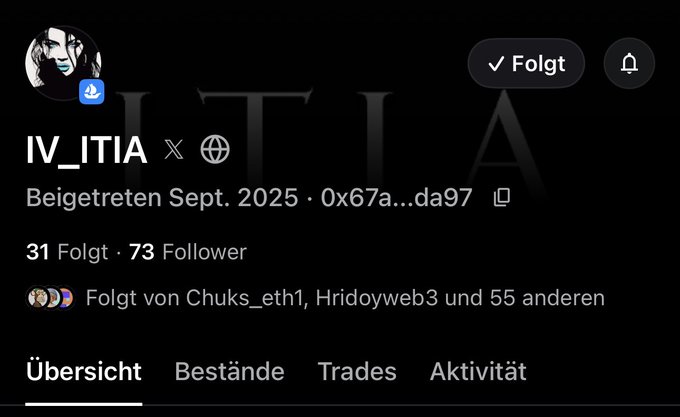 A screenshot of the X (formerly Twitter) profile page for user "IV_ITIA" (@IV_ITIA), who joined in September 2025, has 31 following and 73 followers, and is followed by Chuks_eth1, Hridoyweb3, and 55 others. The dark-themed profile features navigation options for Übersicht (Overview), Bestände (Holdings), Trades, and Aktivität (Activity), aligning with the post's announcement about being active on OpenSea to build connections.