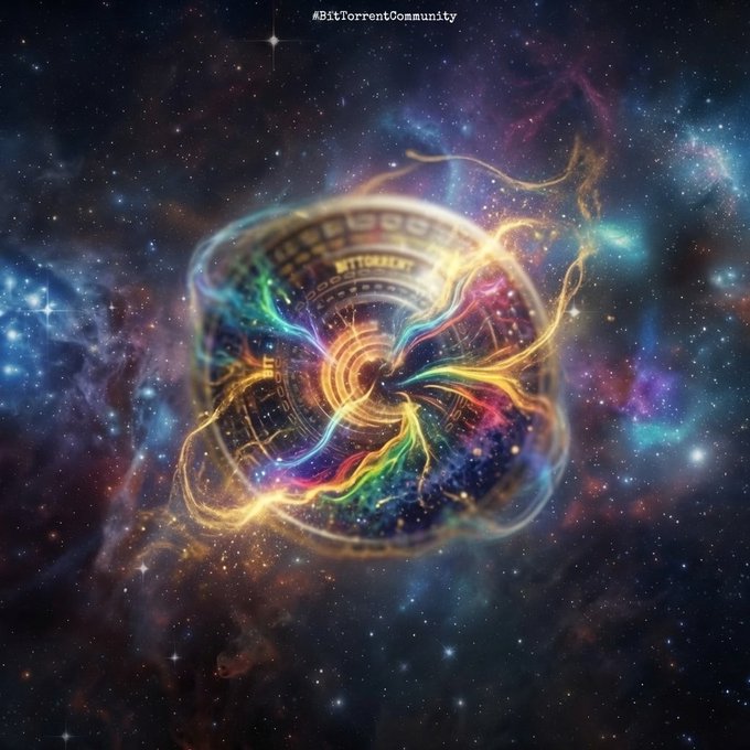 A vibrant cosmic digital artwork featuring colorful swirling energy streams surrounding a circular portal-like element, labeled '#BitTorrentCommunity' against a starry nebula background.