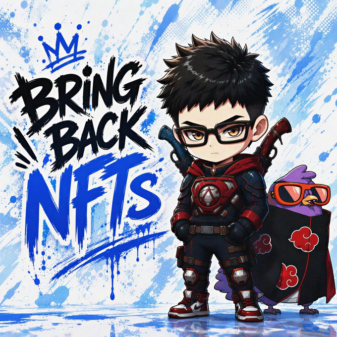 The image features a chibi-style anime character with spiky black hair, glasses, and a dark tactical outfit with red accents, standing alongside a small purple bird wearing orange sunglasses and a black Akatsuki-style cloak, with bold graffiti text reading "BRING BACK NFTS" accompanied by a blue crown symbol. The artwork visually captures the nostalgic longing expressed in the post, depicting the abandoned, forgotten nature of the NFT era through its street-art aesthetic and the "Bring Back" plea, reflecting how these once-hyped digital assets have faded into obscurity.