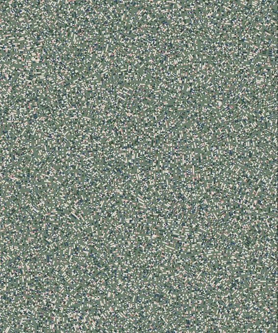 An abstract, textured pattern composed of small, pixelated rectangular fragments in muted olive green, beige, and blue tones.