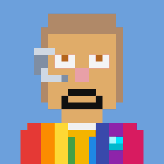 A pixel-art portrait of a character with a headset, goatee, and rainbow-colored shirt against a blue background, visually representing the "STONKBROKER" meme mentioned in the post about combining BAYC and VIRTUAL strengths.