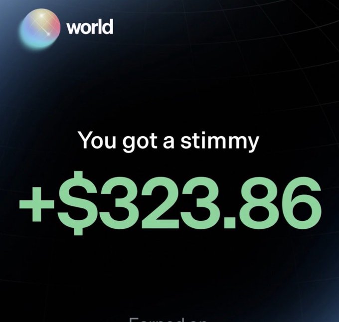 A mobile screen displays a notification from the app 'world' announcing a payment, reading 'You got a stimmy +$323.86' in green text.